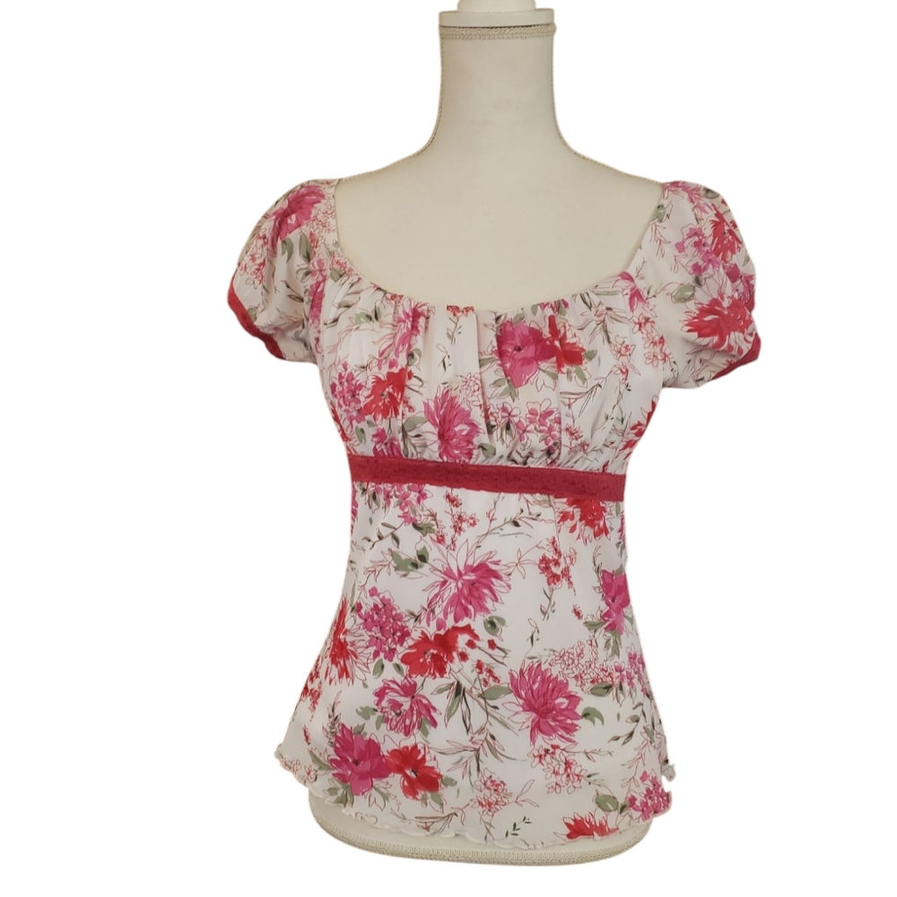 VTG Y2K L Juniors Floral Mesh Babydoll Top Puff Sleeve Hot Pink Red Fairy Lace